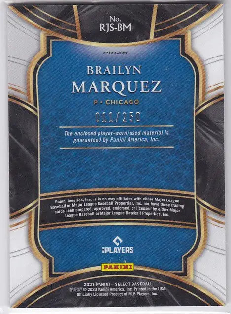 Brailyn Marquez RC Jumbo Relic baseball trading card, numbered 224/299, Chicago Cubs