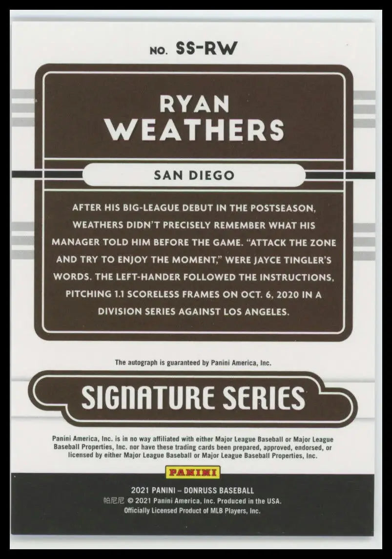 2021 Donruss - Signature Series Ryan Weathers SS-RW Auto SD Padres Baseball NM - Baseball Card Single