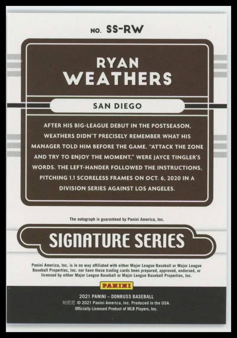 2021 Donruss - Signature Series Ryan Weathers SS-RW Auto SD Padres Baseball NM - Baseball Card Single