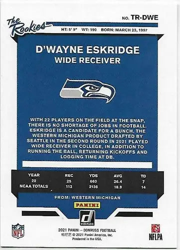 D’Wayne Eskridge football card from 2021 Donruss The Rookies with original gloss, sports cards