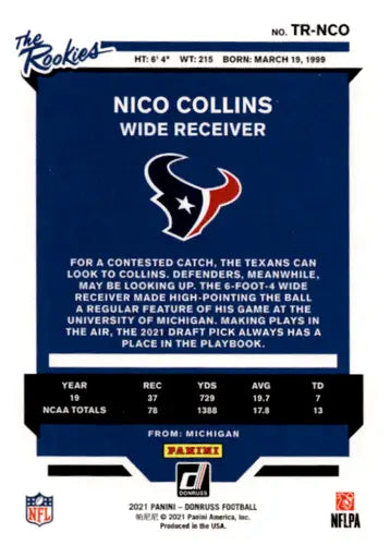 Original gloss Nico Collins football card 2021 Donruss The Rookies NM-MT Texans