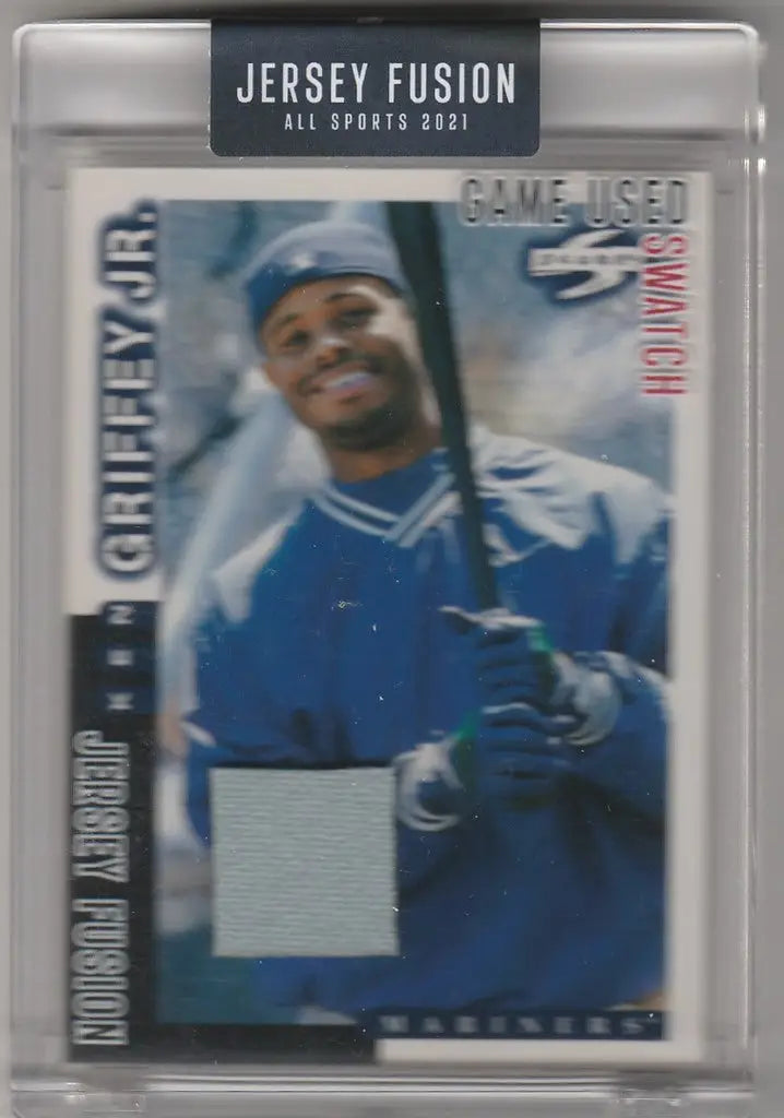 Baseball trading card of Ken Griffey Jr in blue uniform, Jersey Fusion Game used swatch
