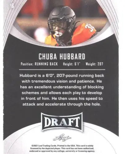 2021 Leaf Draft Chuba Hubbard football card with original gloss, a collectible cards typically sell