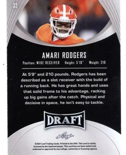 Amari Rodgers football card from 2021 Leaf Draft Gold with original gloss display