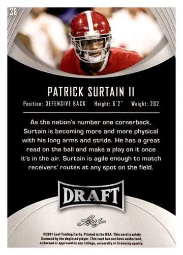 Patrick Surtain II football card from 2021 Leaf Draft Gold in NM Near Mint condition