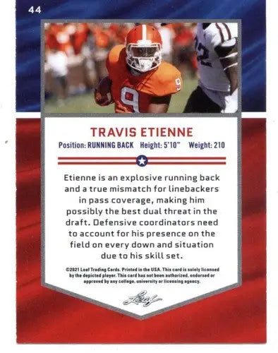 Original gloss of Leaf Draft Gold Travis Etienne football card from Simply Sandoval
