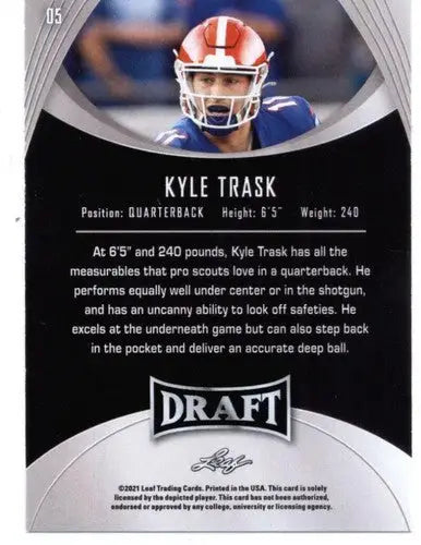 Kyle Trask football card from 2021 Leaf Draft Gold with original gloss featuring Simply Sandoval