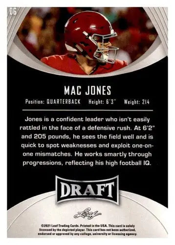 Mac Jones football card from 2021 Leaf Draft Gold series in near-mint condition