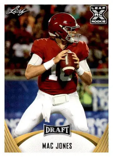 Mac Jones rookie card from 2021 Leaf Draft Gold series, near mint condition