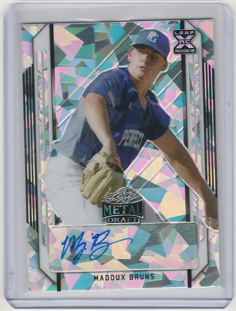 Baseball trading card of Maddux Bruns in blue uniform, 2021 Leaf Metal Draft Auto Cracked Ice