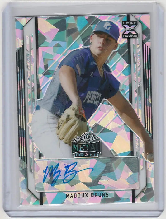 Baseball trading card of Maddux Bruns in blue uniform, 2021 Leaf Metal Draft Auto Cracked Ice