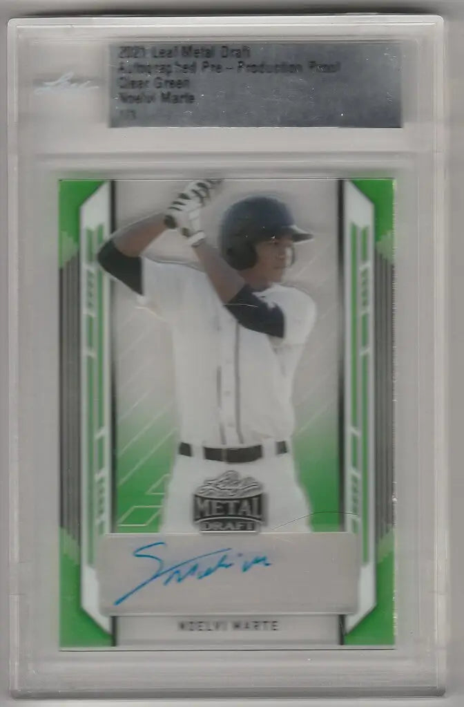 Baseball trading card of Noelvi Marte in white uniform from 2021 Leaf Metal Draft Auto Proof