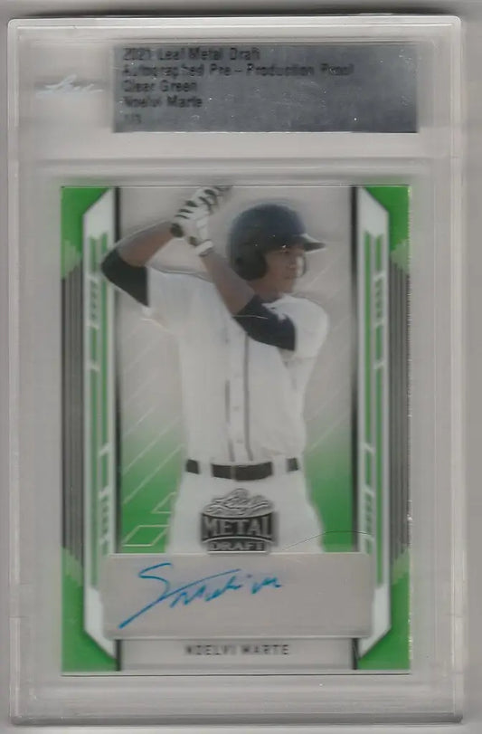 Baseball trading card of Noelvi Marte in white uniform from 2021 Leaf Metal Draft Auto Proof