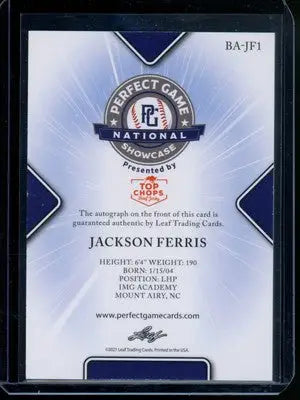 2021 Leaf Perfect Game National Showcase Jackson Ferris #BA-JF1 1/1 Auto - Baseball Card Single