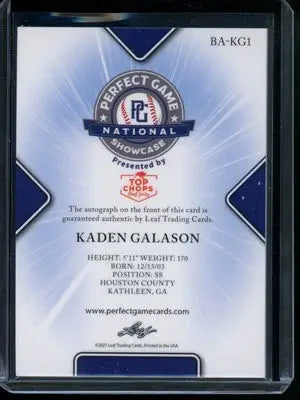 2021 Leaf Perfect Game National Showcase Kaden Galason #BA-KG1 1/1 Auto - Baseball Card Single