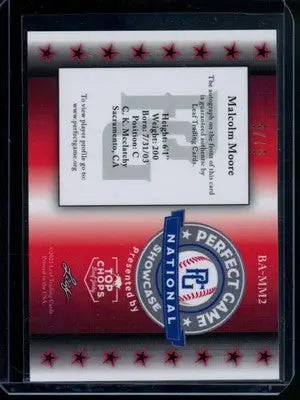 2021 Leaf Perfect Game National Showcase Malcolm Moore #BA-NMM2 8/10 Autograph - Baseball Card Single