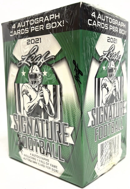 Green and white Leaf Signature Football Blaster Box with player silhouette for football cards