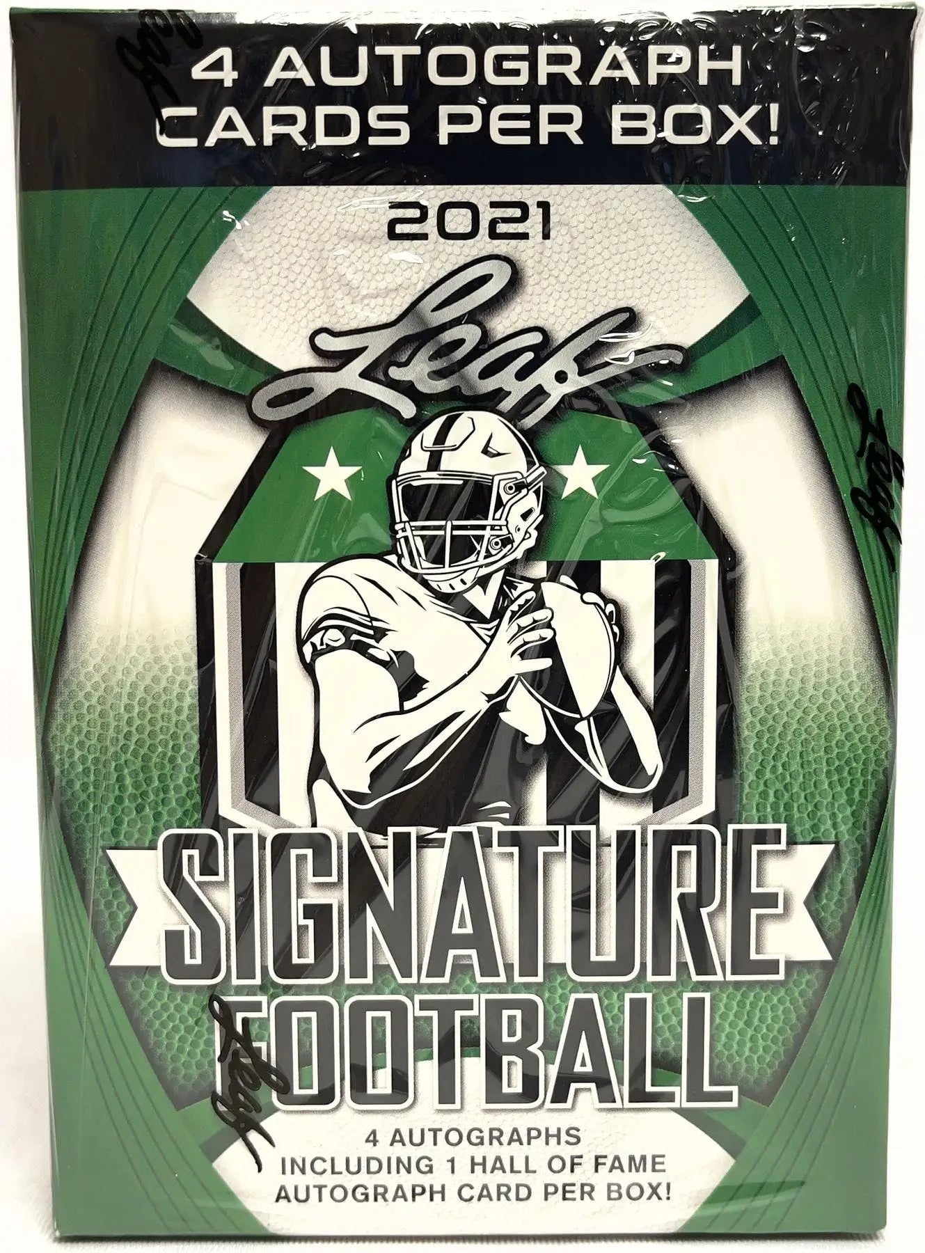 2021 Leaf Signature Football Blaster Box with quarterback silhouette design in green and white