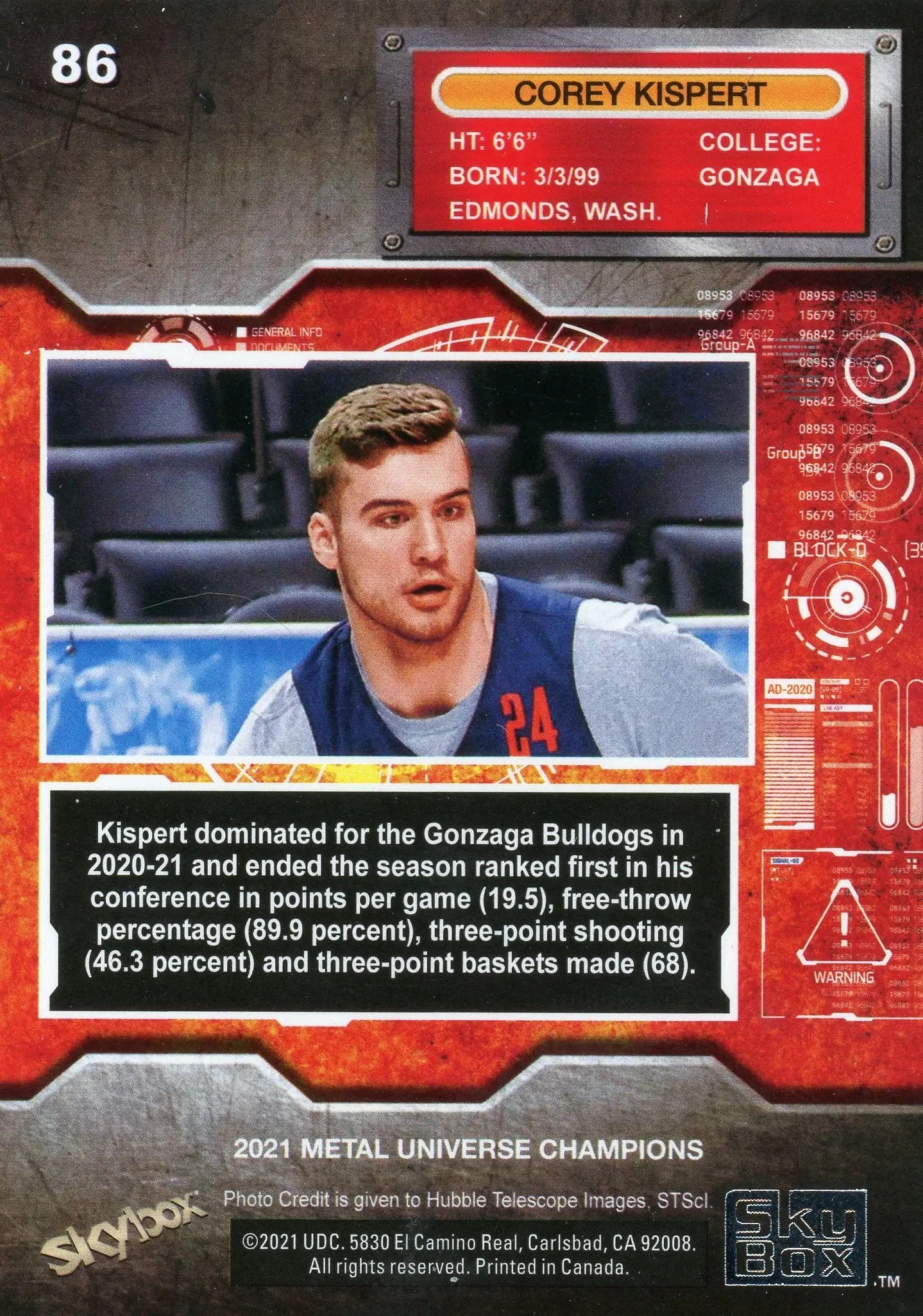 2021 Metal Universe Champions Corey Kispert #86 Gonzaga - Basketball Card Single