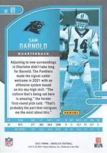 Original gloss football card featuring Sam Darnold from 2021 Panini Absolute series