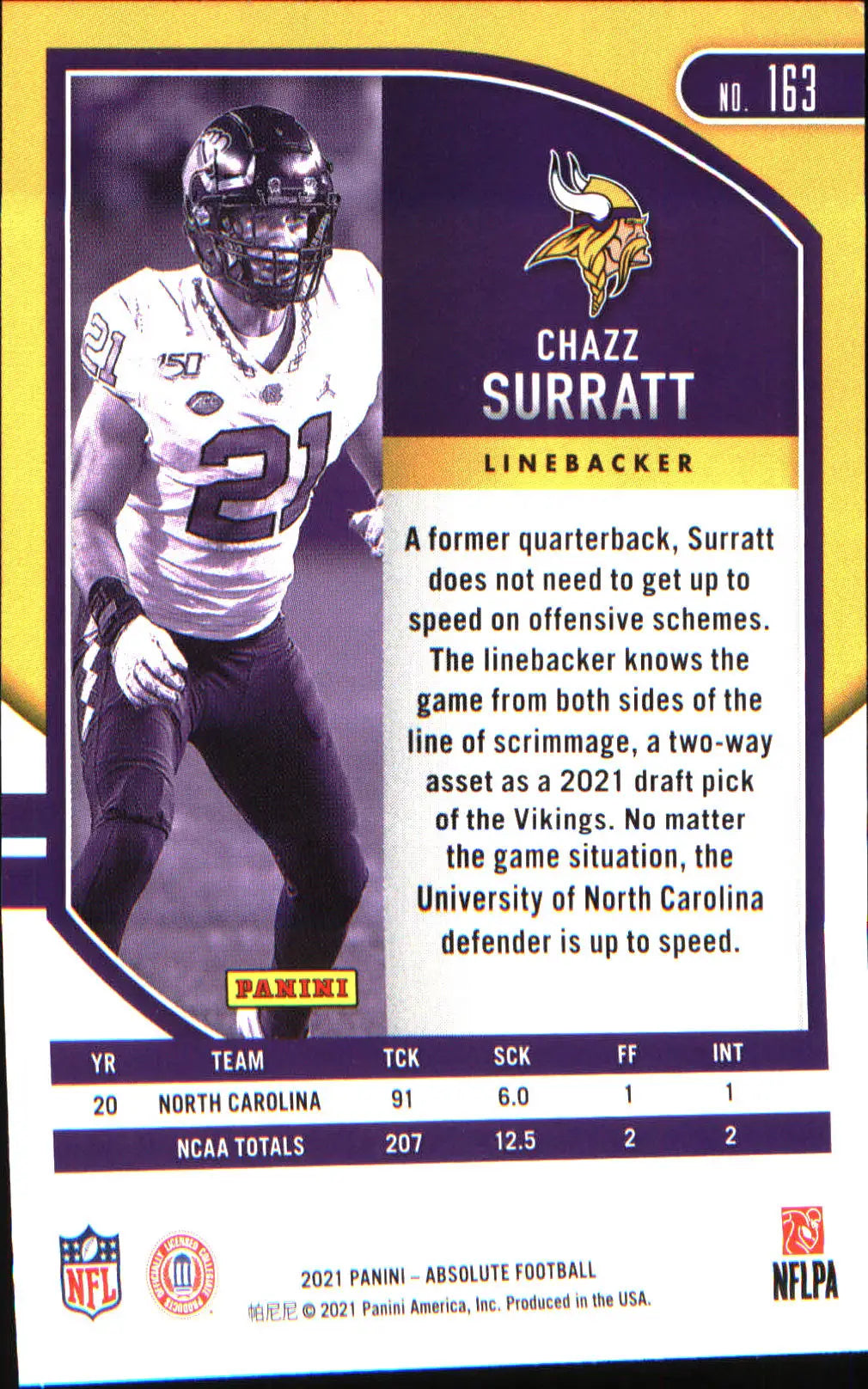 2021 Panini Absolute Yellow #163 Chazz Surratt Rookie