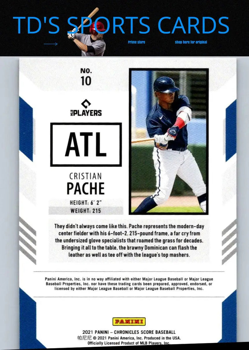 Cristian Pache baseball card from 2021 Panini Chronicles Pache Score set