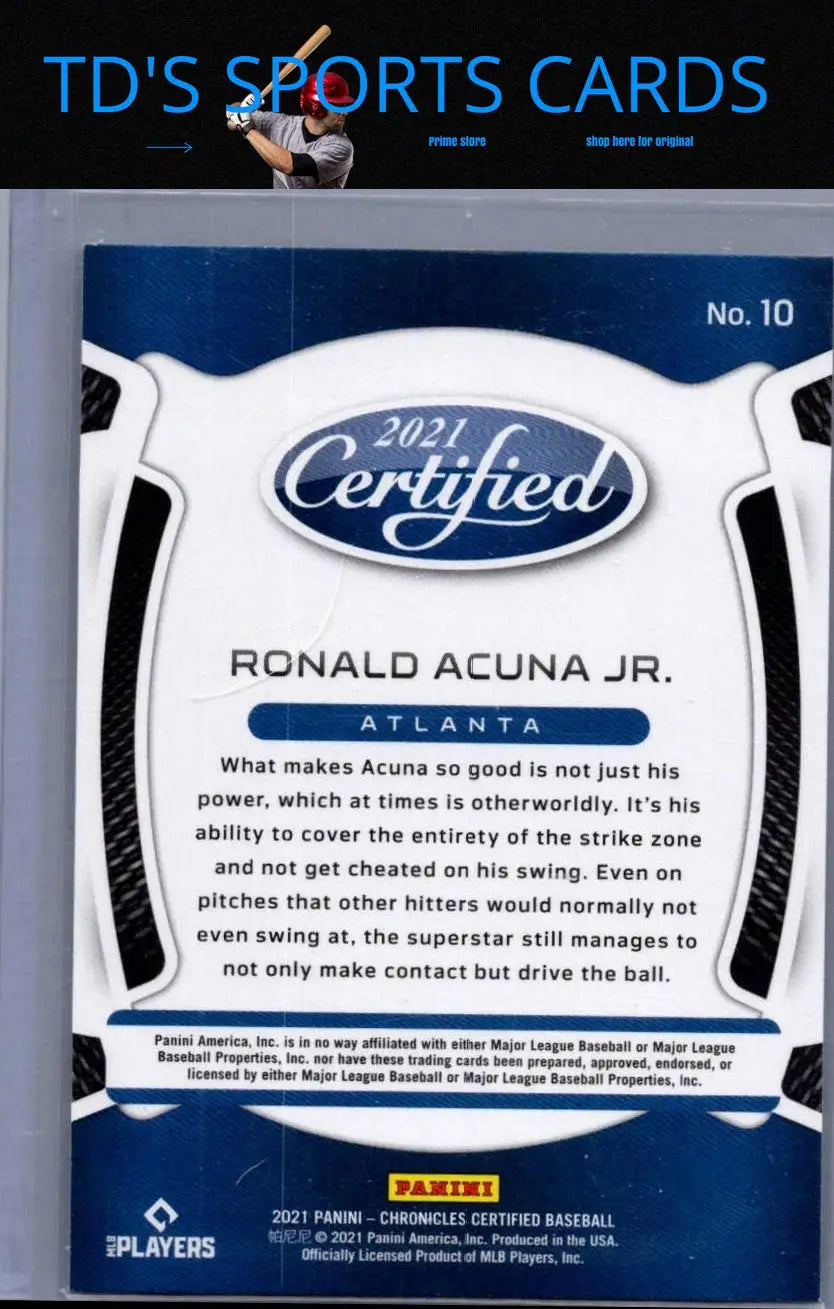Ronald Acuna Jr baseball card from 2021 Panini Chronicles Certified collection