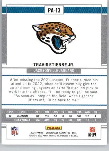 Original gloss football trading card featuring Travis Etienne from Panini Chronicles 2021