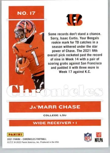 Original gloss Panini Chronicles Ja’Marr Chase NM-MT football card displayed
