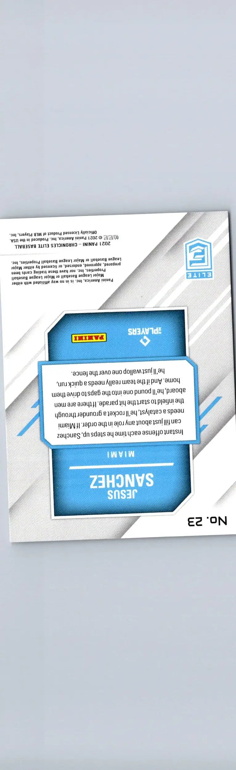 Sports trading card of Jesus Sanchez from 2021 Panini Chronicles Sanchez Elite Blue