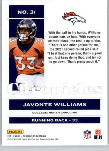 Original gloss Panini Chronicles Javonte Williams football card for Broncos collectors