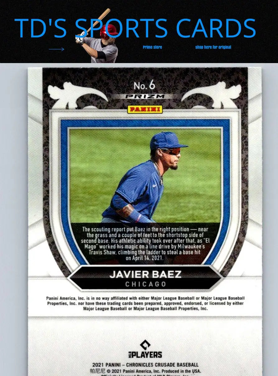 Javier Baez baseball card from 2021 Panini Chronicles Baez Crusade Holo set