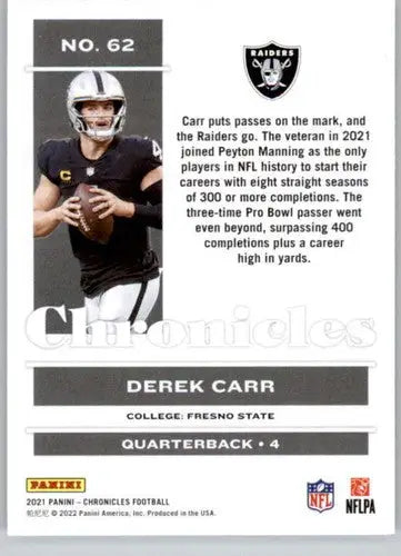 Original gloss Derek Carr football card from Panini Chronicles 2021 product