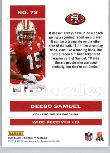 Deebo Samuel football card from Panini Chronicles with original gloss in mint condition