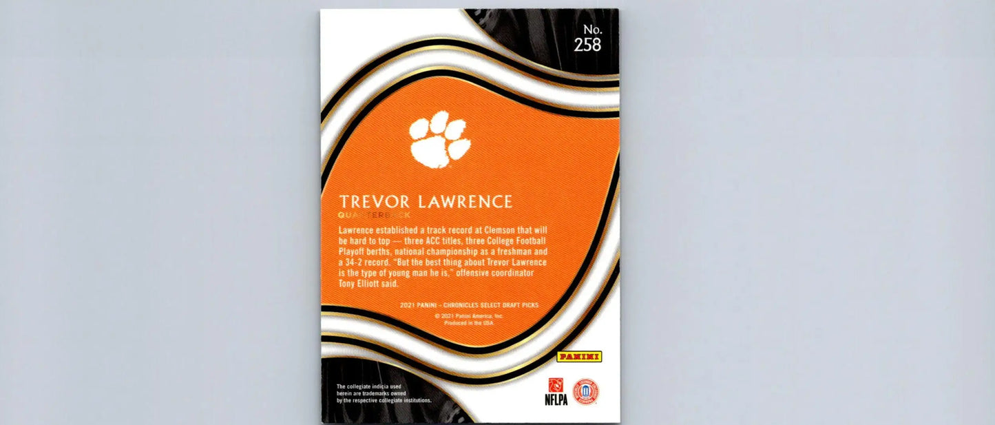 Collectible Trevor Lawrence sports card from 2021 Panini Chronicles Draft Picks series