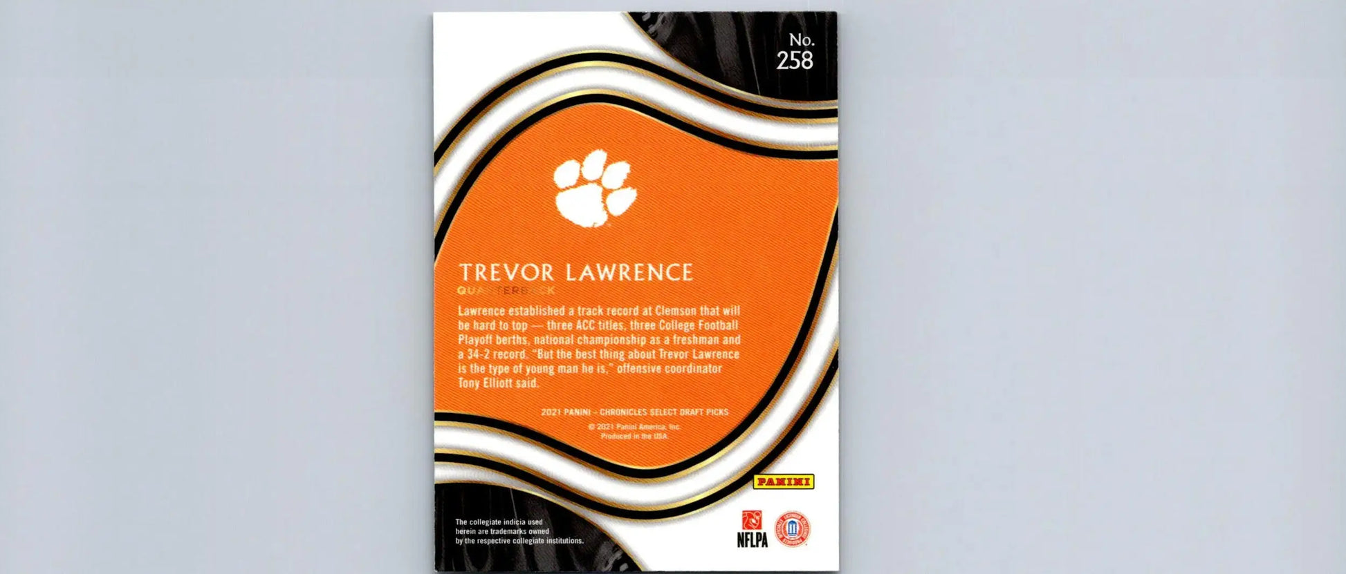 Collectible Trevor Lawrence sports card from 2021 Panini Chronicles Draft Picks series