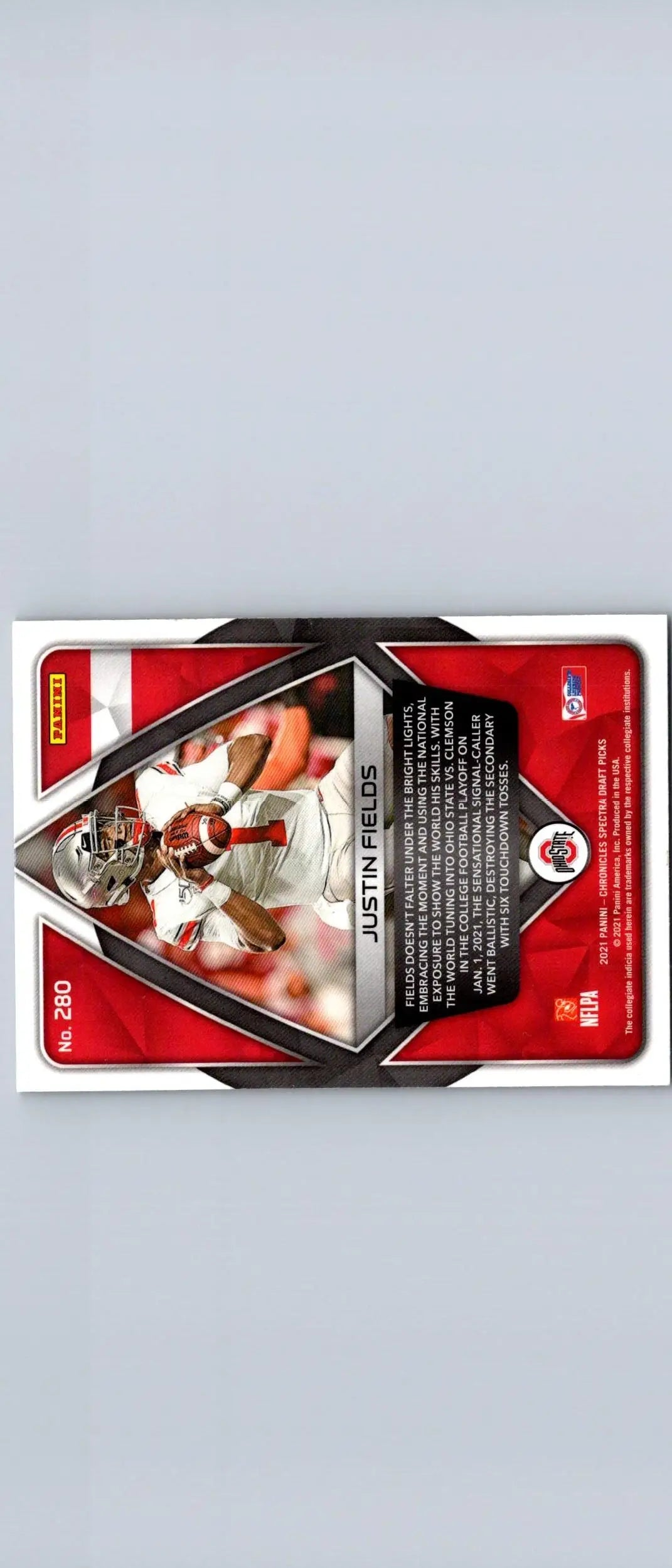 Back of a Panini Chronicles Draft Picks Justin Fields trading card in 2021 Panini Chronicles Draft Picks series