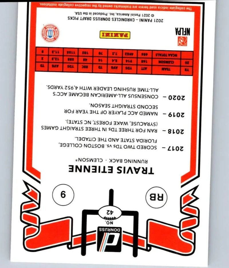 Back of a Travis Etienne football trading card from 2021 Panini Chronicles Draft Picks