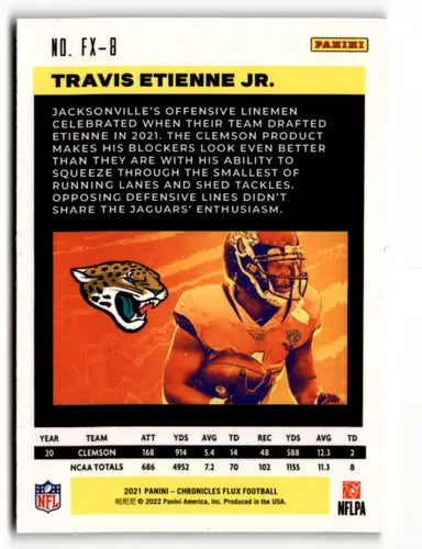 Football trading card Panini Chronicles Flux featuring Travis Etienne Jr RC Rookie