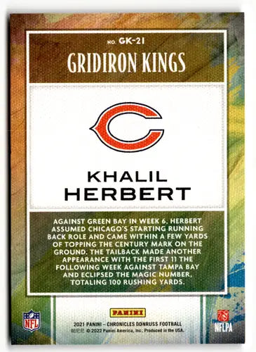 Khalil Herbert football card from 2021 Panini Chronicles Gridiron Kings Pink collection