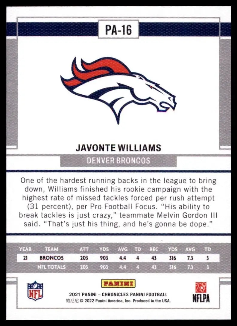 2021 Panini Chronicles - Panini Javonte Williams #PA-16 Pink (RC) - Football Card Single