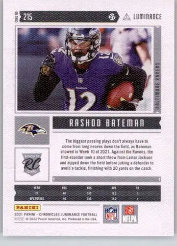 Original gloss Rashod Bateman football card from 2021 Panini Chronicles Luminance Update