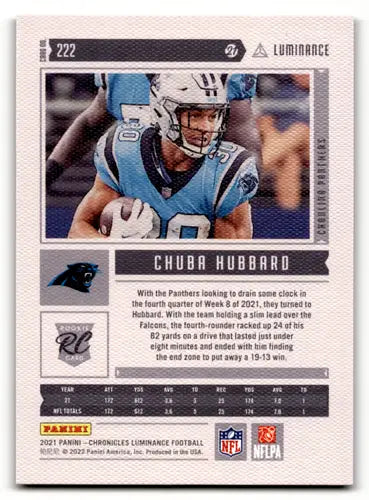 Chuba Hubbard football card from 2021 Panini Chronicles Luminance Update Rookies Bronze
