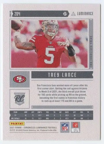 Trey Lance football card from Panini Chronicles Luminance Update with original gloss
