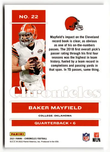 Original gloss Baker Mayfield football card from Panini Chronicles Pink series