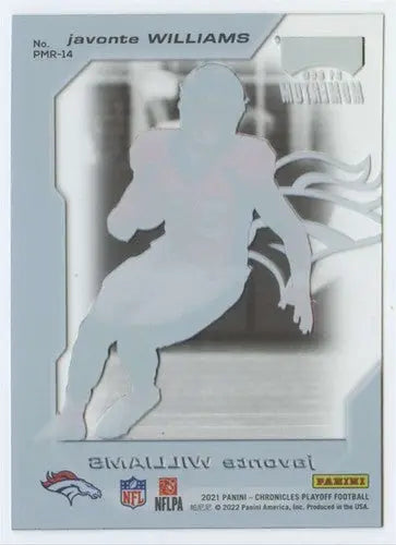 Original gloss Javonte Williams football card from Panini Chronicles Playoff Momentum series