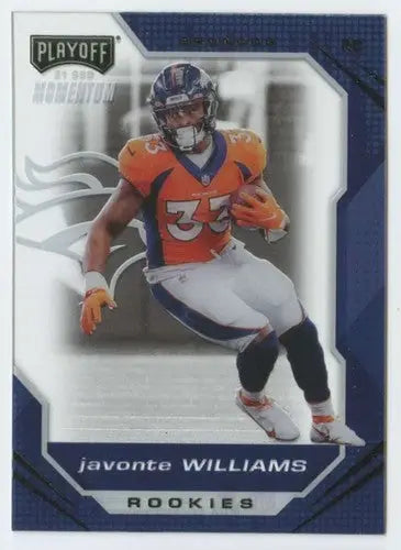 Javonte Williams rookie football card from 2021 Panini Chronicles Playoff Momentum series