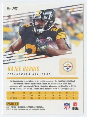 Najee Harris football card from 2021 Panini Chronicles Prestige Rookies series with original gloss