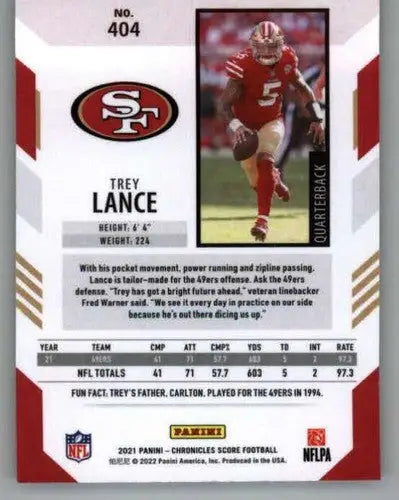 Trey Lance football card from Panini Chronicles Score Update 2021 for 49ers
