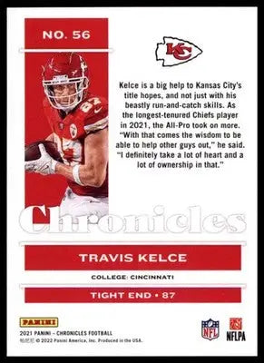 2021 Panini Chronicles Travis Kelce 56 Kansas City Chiefs - Football Card Single